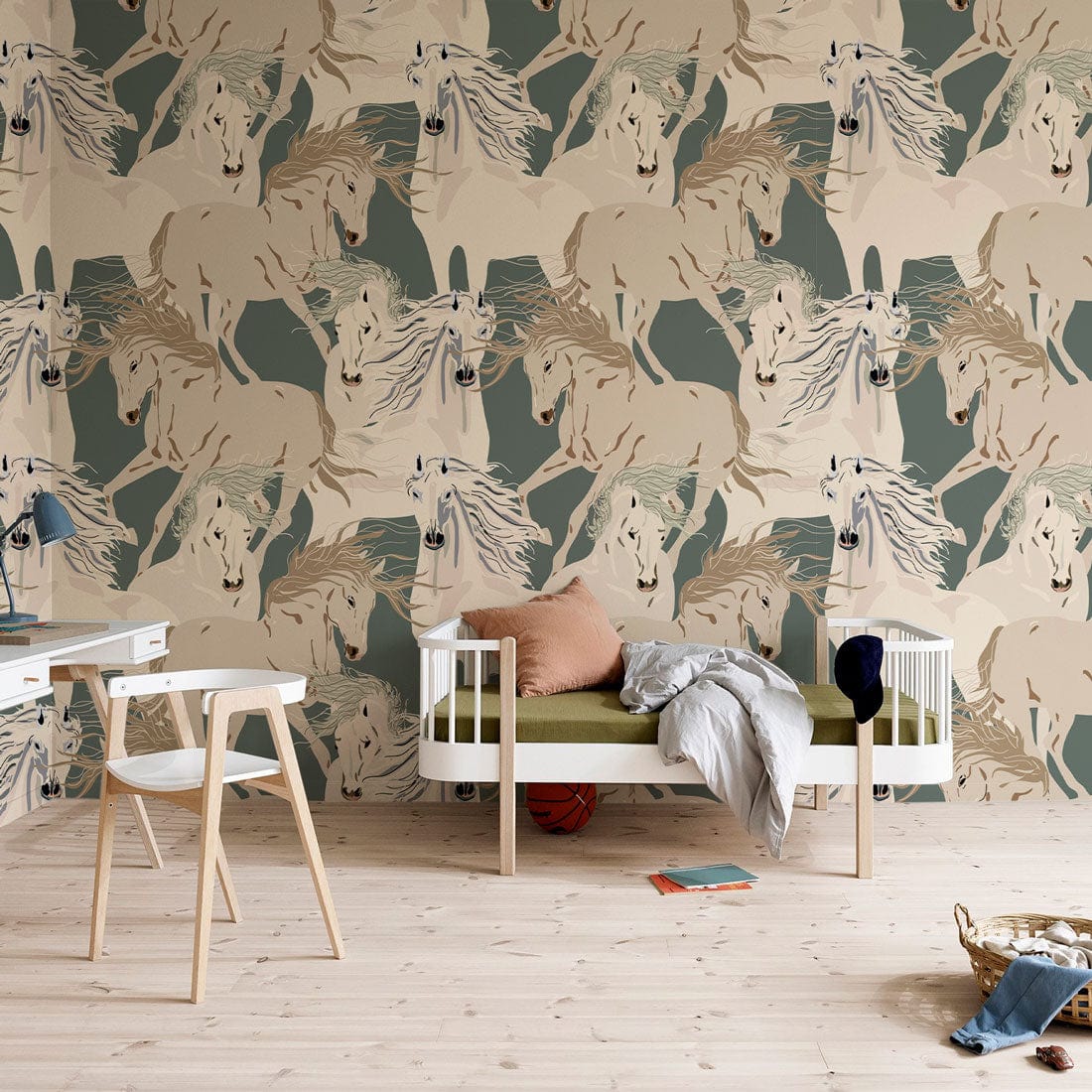 Elegant cream and sage horse mural wallpaper in stylish interior with modern furniture and wood flooring.