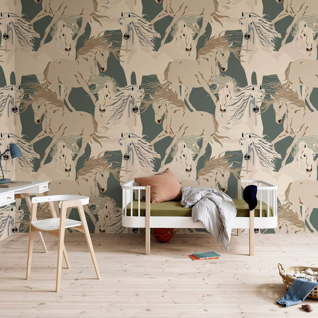 Elegant cream and sage horse mural wallpaper in stylish interior with modern furniture and wood flooring.