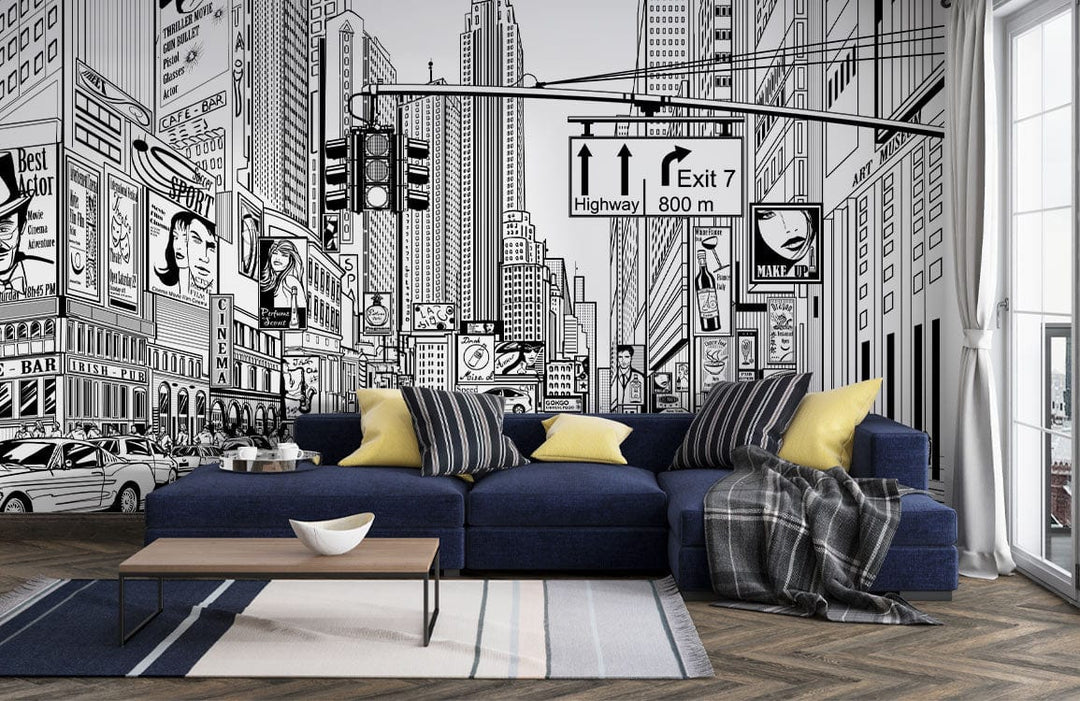 Monochrome cityscape mural wallpaper, urban design; navy sofa, parquet flooring, living room setting.