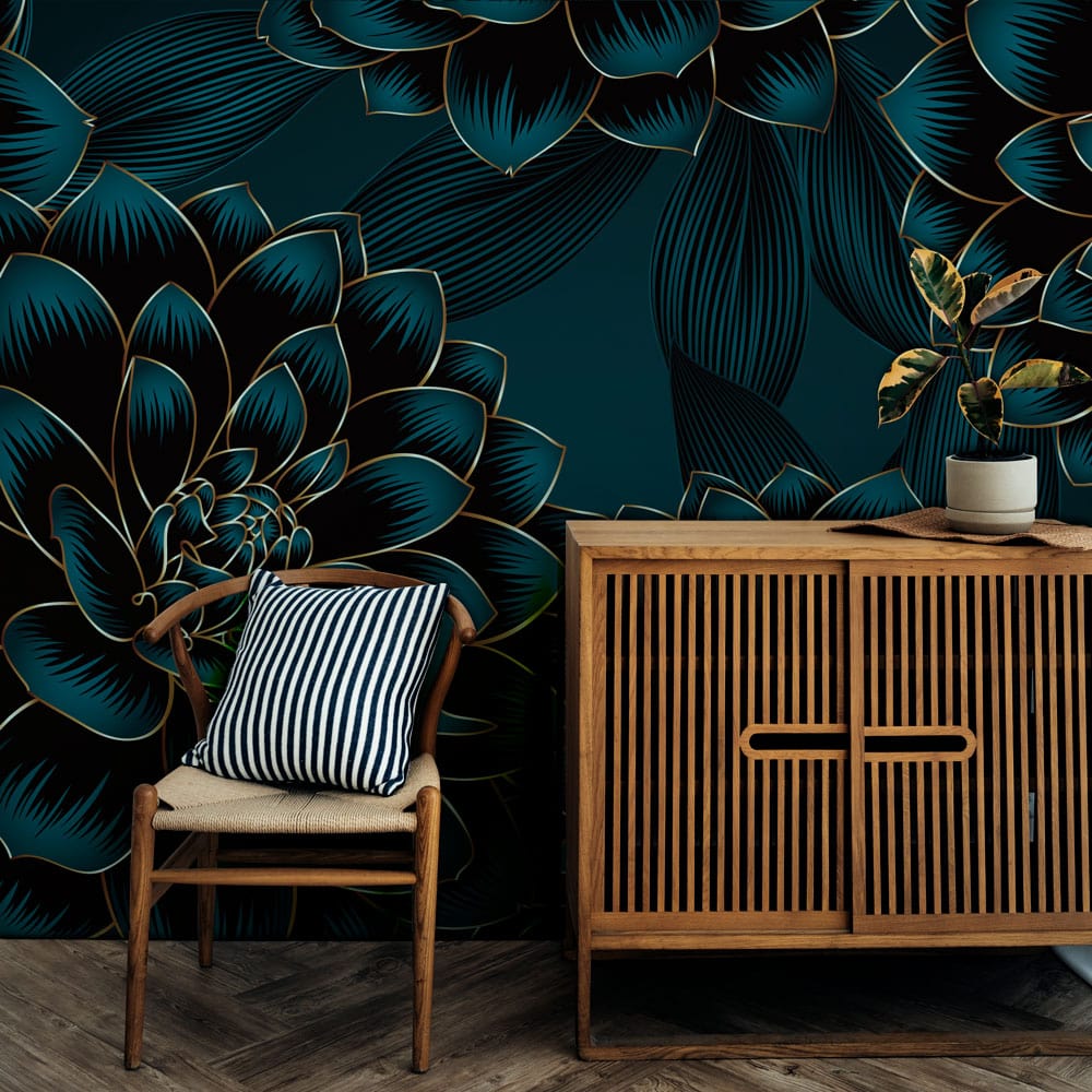 Elegant floral botanical wallpaper mural with chair, striped cushion, wooden cabinet in stylish room.