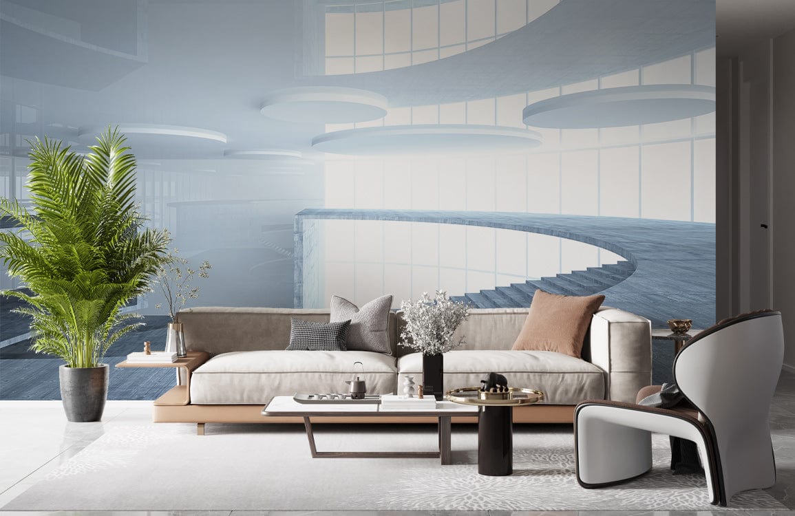 Futuristic grey mural wallpaper in modern living room, beige sofa, contemporary chair, architectural elegance.