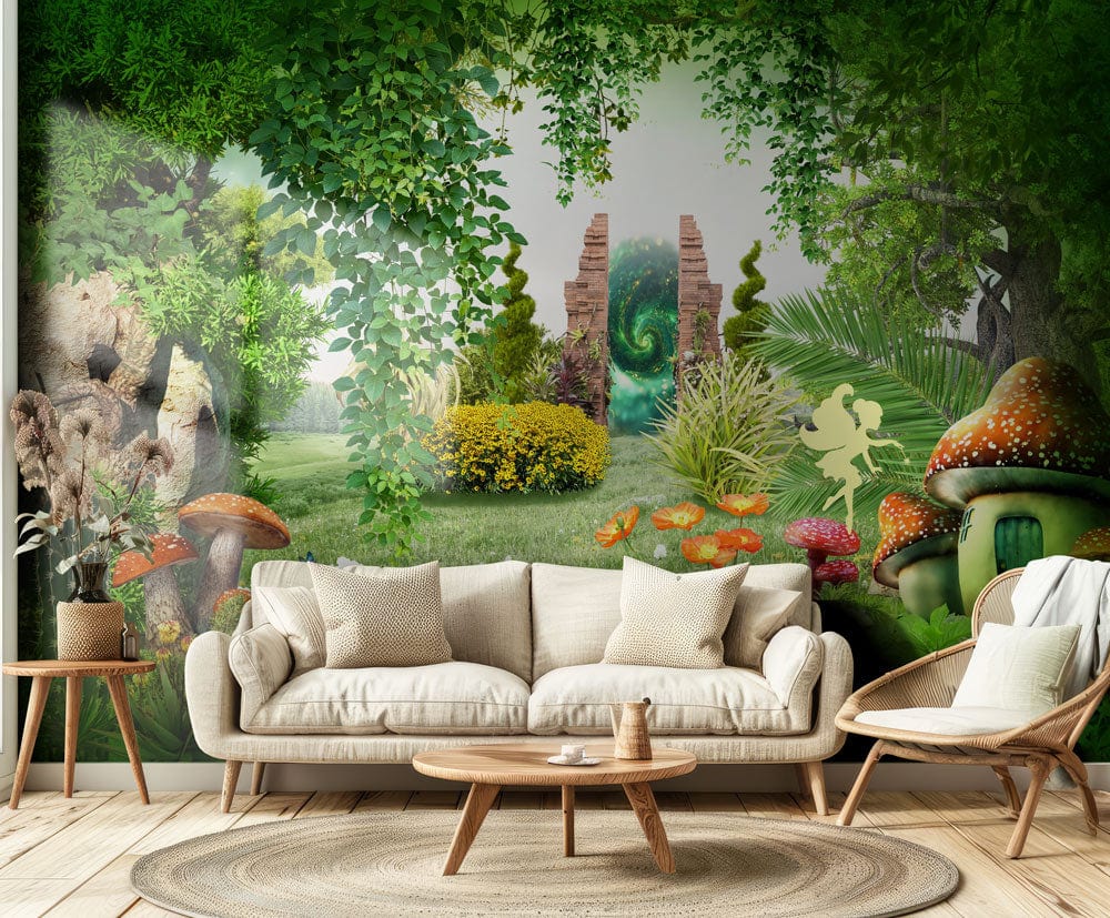 Enchanted Forest Mural Wallpaper with vibrant mushrooms, beige sofa, wooden furniture, and cream rug in room.