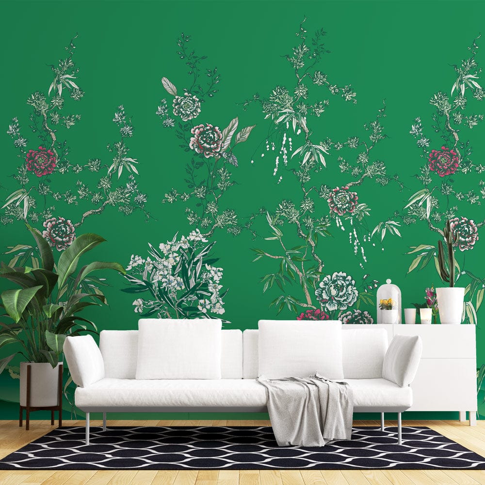 Elegant green floral wallpaper with vintage peony design behind white sofa in modern living room.