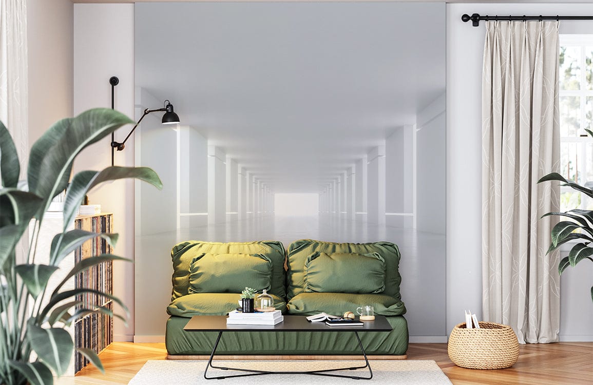 Minimalist monochrome architectural illusion mural wallpaper with modern green sofa in stylish living room.
