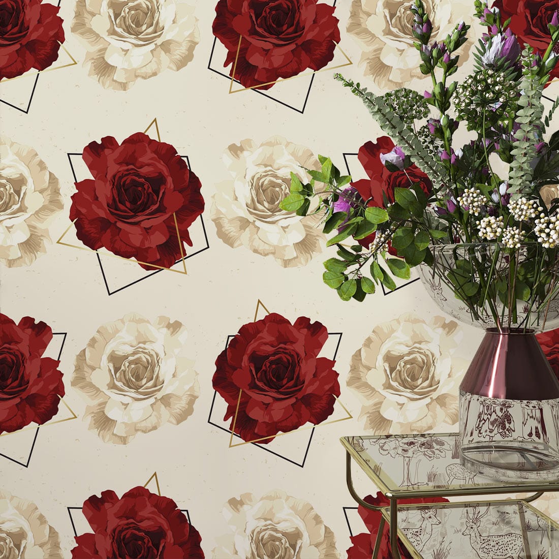Elegant Red and Cream Rose Patterned Floral Wallpaper, glass table with rose vase, stylish Décor.