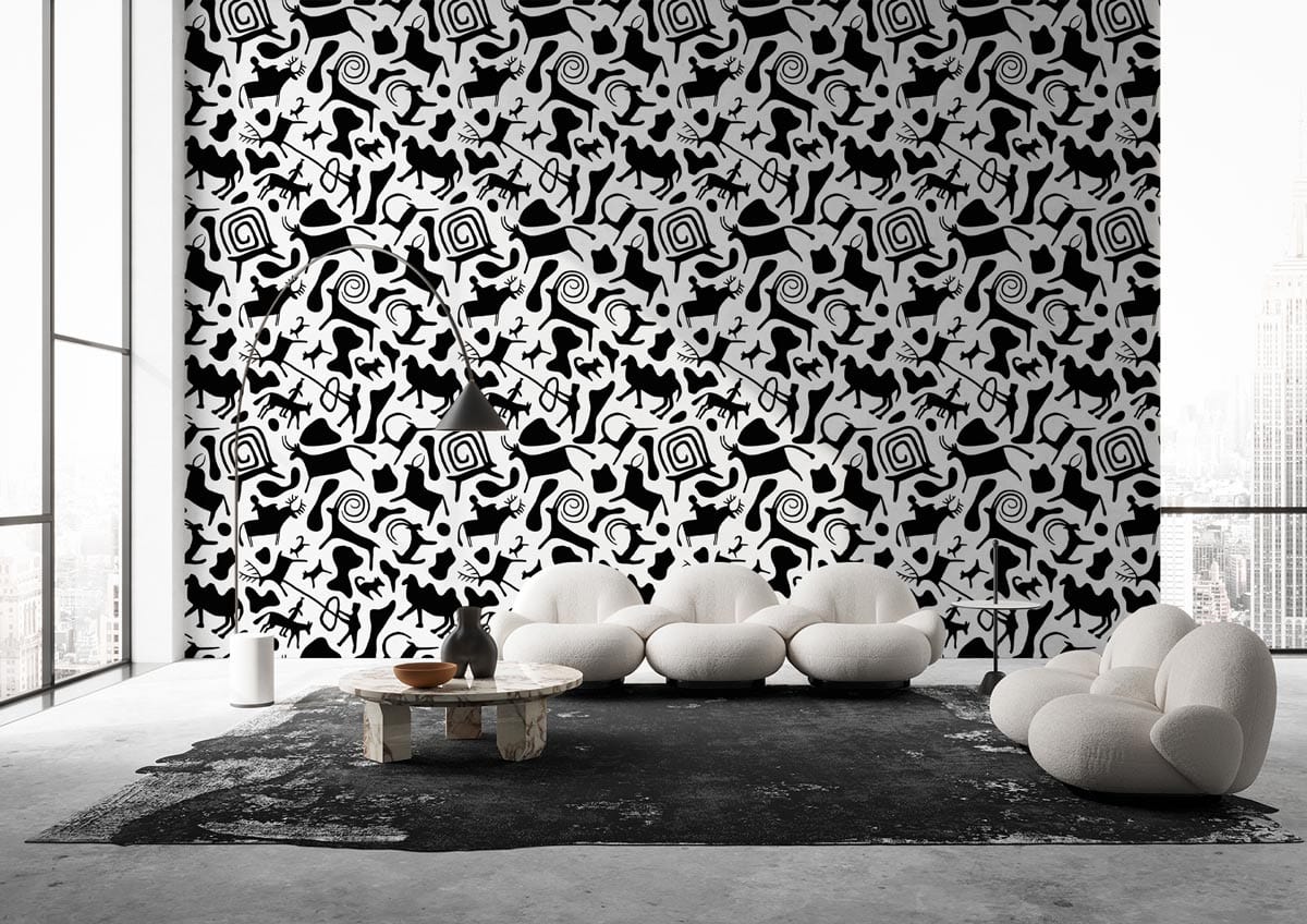 Elegant living room with Monochrome Tribal Abstract Pattern Mural Wallpaper, modern sofas, stone table, concrete flooring.