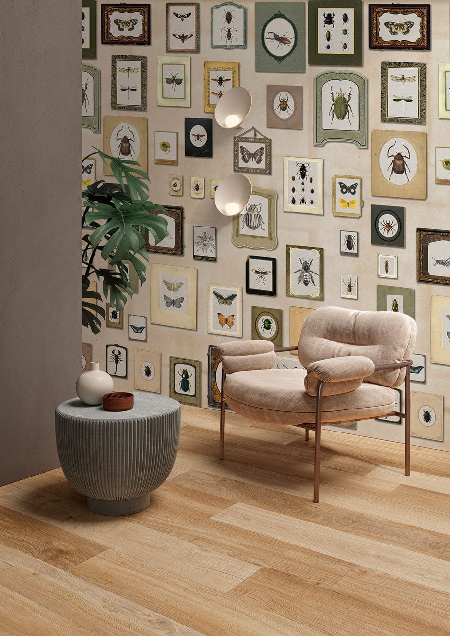 Antique insect mural wallpaper, earthy tones, vintage style with plush chair, wood flooring, contemporary decor.