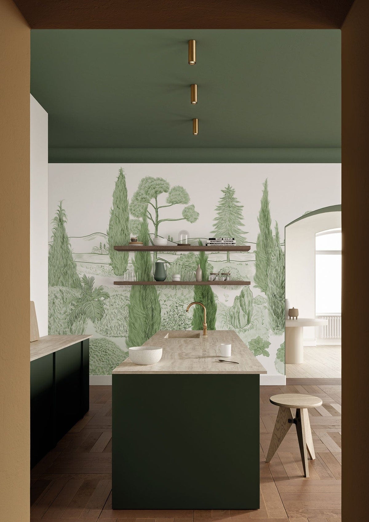 Tranquil Green Countryside Landscape Mural in kitchen with green cabinets, wooden flooring, and modern decor.