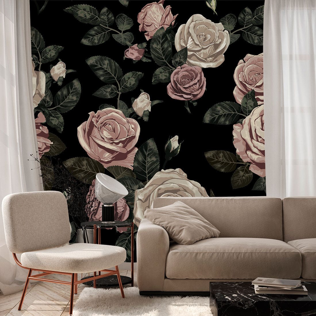 Elegant vintage floral wallpaper, soft pink and cream roses, beige sofa, modern armchair, cosy living room.