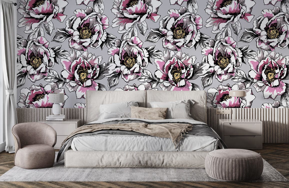 Romantic Floral Blossom Grey and Pink Vintage Chic Wallpaper in elegant bedroom with neutral furniture.