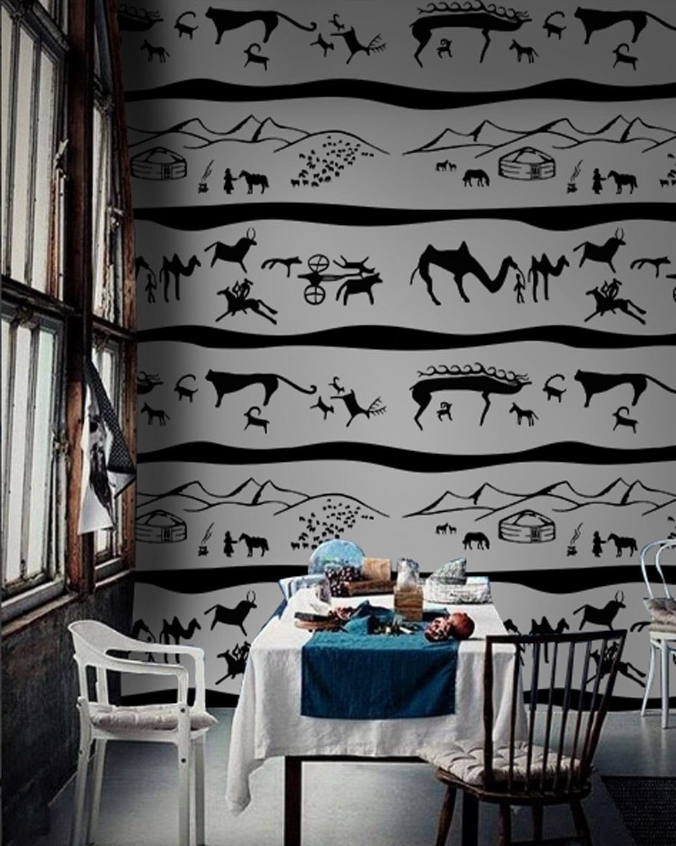 Black and White Tribal Animal Print Wallpaper, rustic dining room style with eclectic chairs and table.
