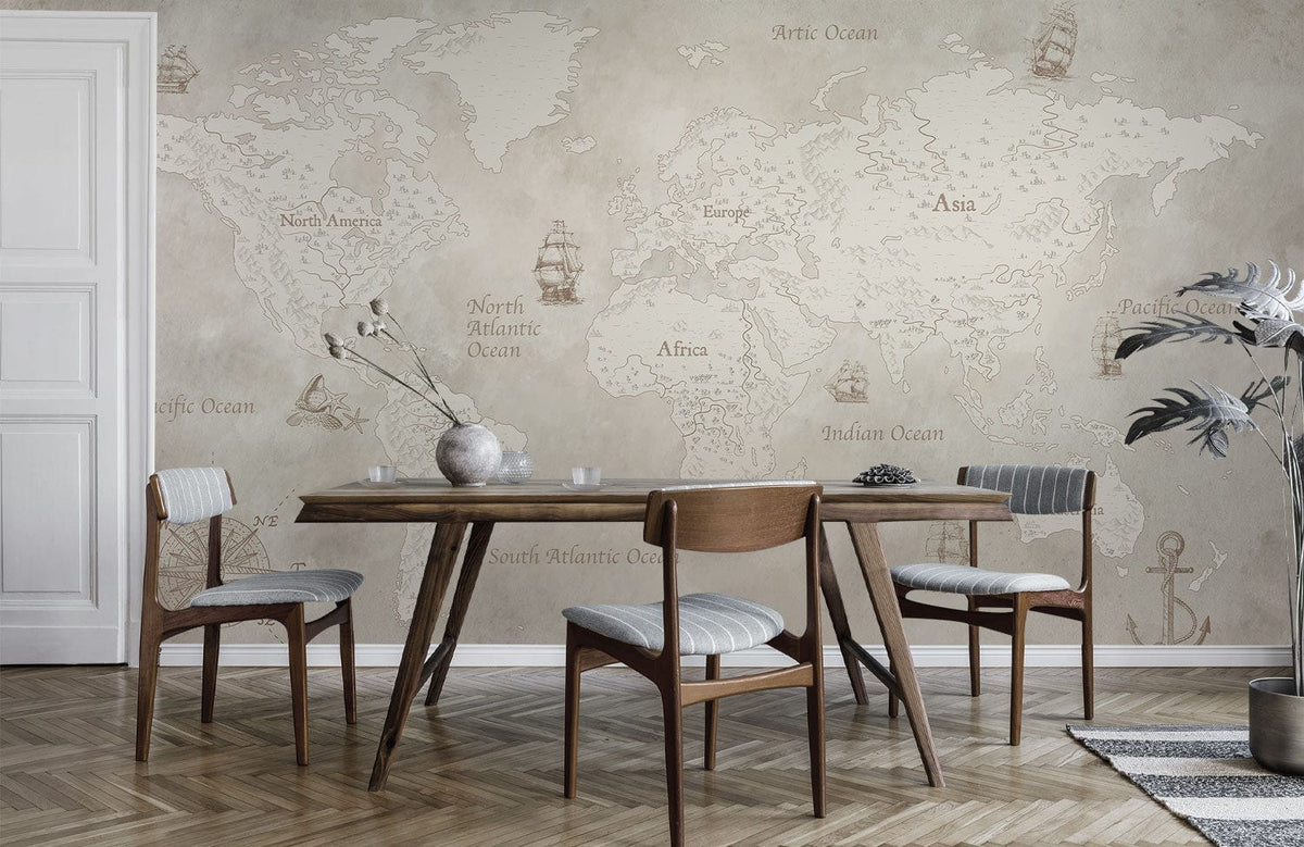 Vintage World Map Mural Wallpaper; dining room, mid-century wood table, grey chairs, herringbone flooring.