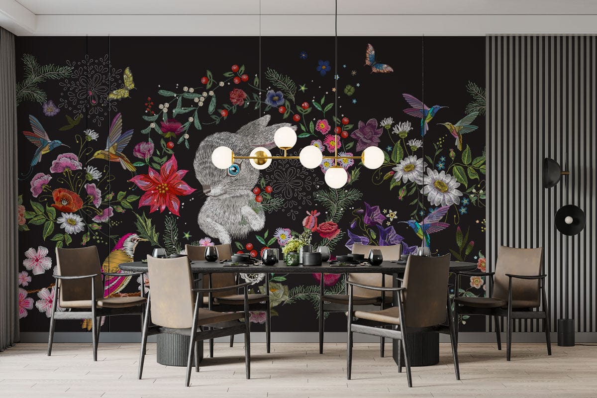 Dining room with Enchanted Woodland Animals Floral Mural Wallpaper, dark decor, wooden chairs, modern lighting.