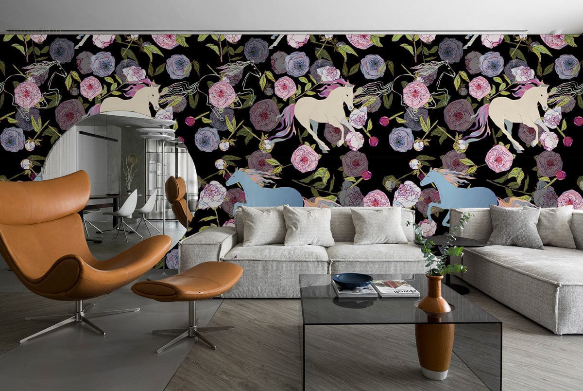 Whimsical Unicorn Floral Fantasy Wallpaper in living room with grey sofa, brown chair, hardwood flooring.