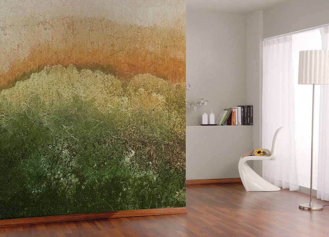 Rustic autumn forest mural wallpaper, earthy green tones, wooden floor, modern white chair, bright room.