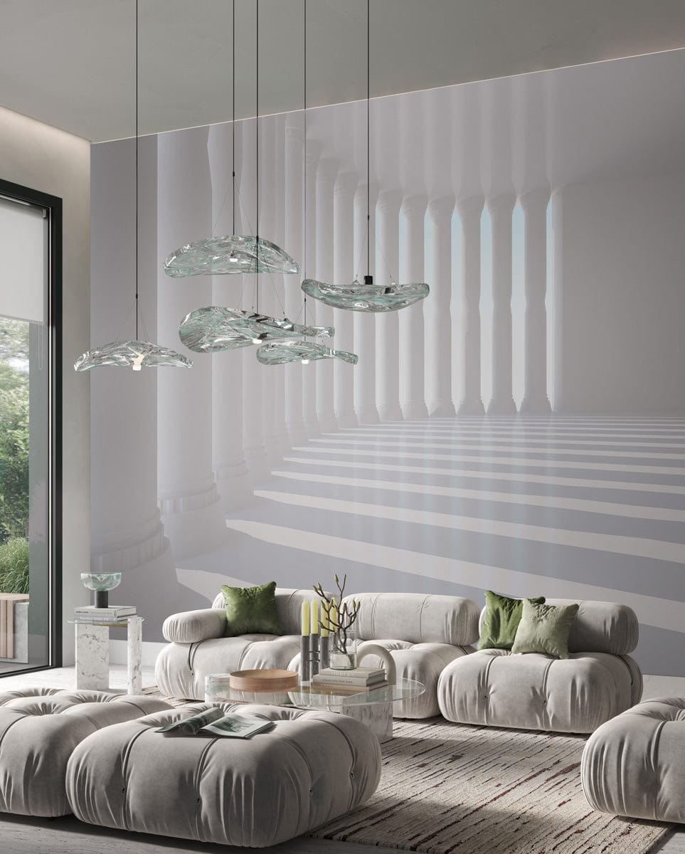 Luxurious living room with Elegant White Column Shadows Mural Wallpaper, plush sofas, and modern pendant lights.
