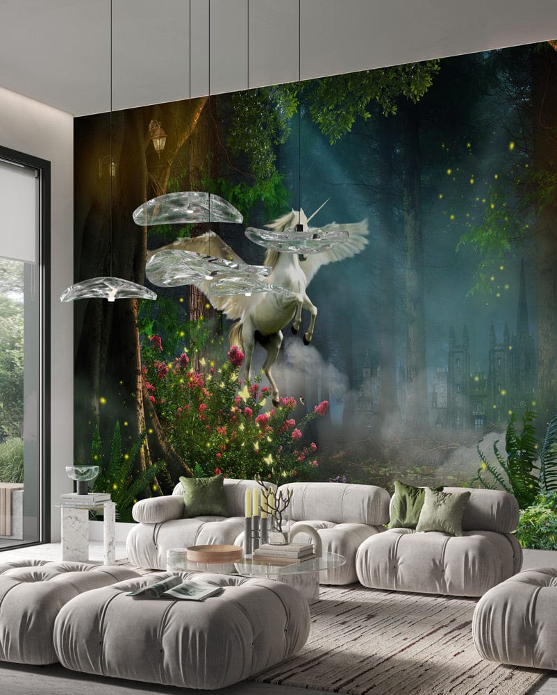 Magical Unicorn Enchanted Forest Wallpaper in spacious living room with modern white sofas, glass lighting.