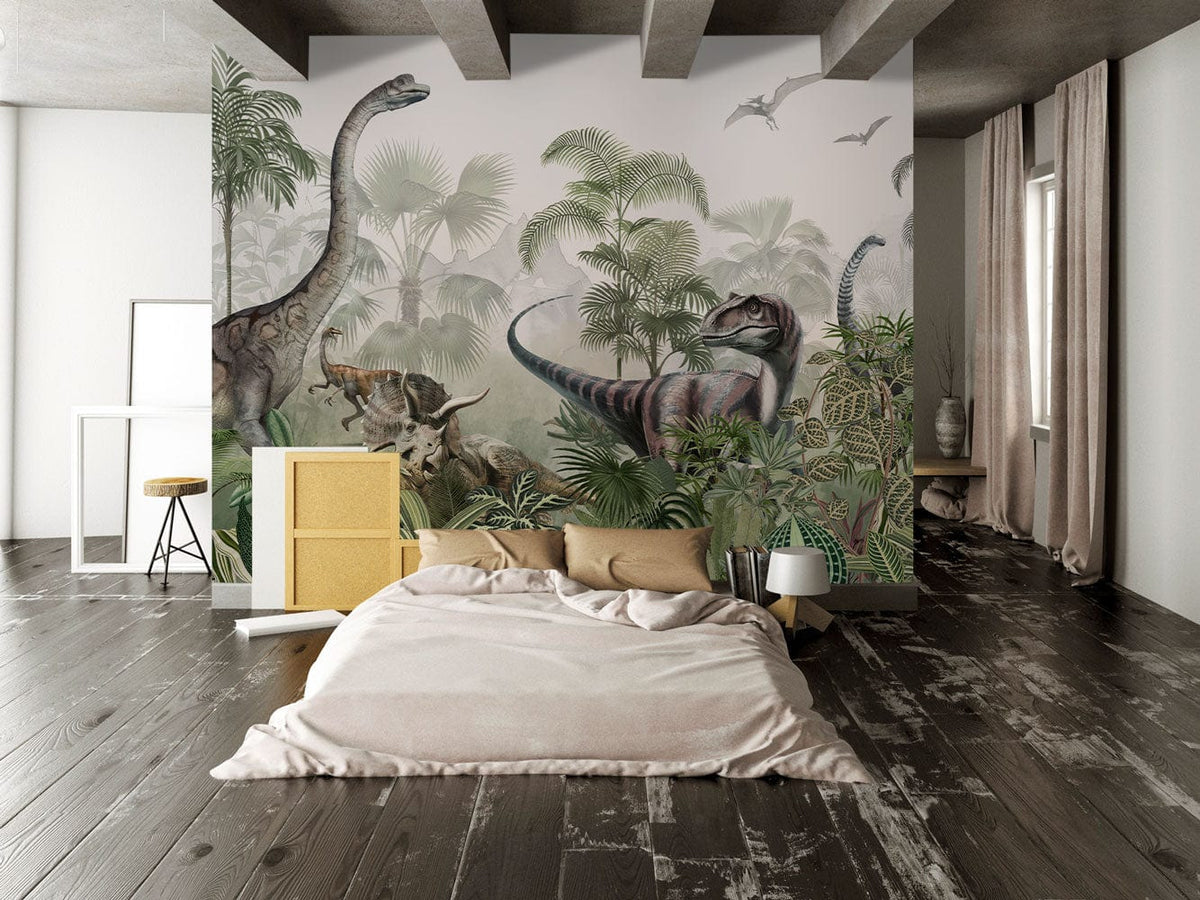 Jurassic Jungle Dinosaur Mural Wallpaper features green tones, brown bed, dark wood flooring in bedroom.