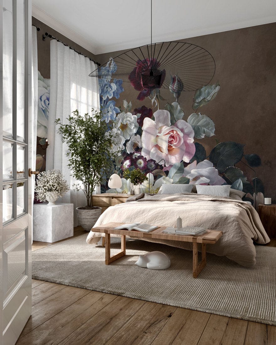 Vintage floral wallpaper with pastel tones, earthy wall mural, cosy bedroom, wooden flooring, neutral bedding.