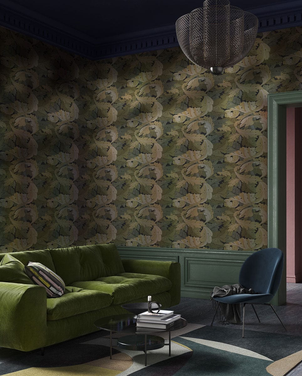 Vintage botanical wallpaper with olive green sofa, modern chair, glass table in stylish living room.