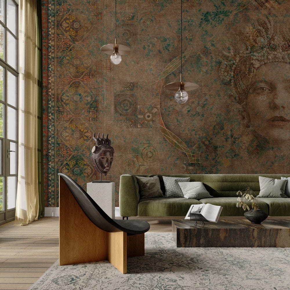 Mystical Queen mural wallpaper in teal, sepia; bohemian lounge with green sofa, wooden flooring.