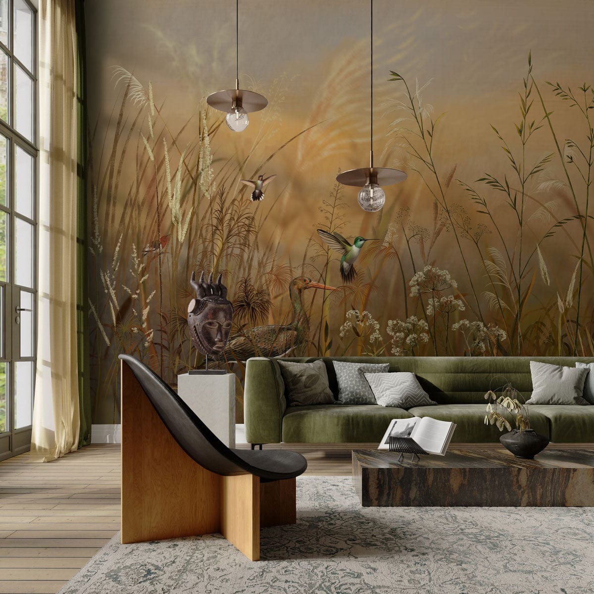 Vintage Autumn Meadow Mural Wallpaper with Birds, green sofa, wood flooring, rustic living room decor.