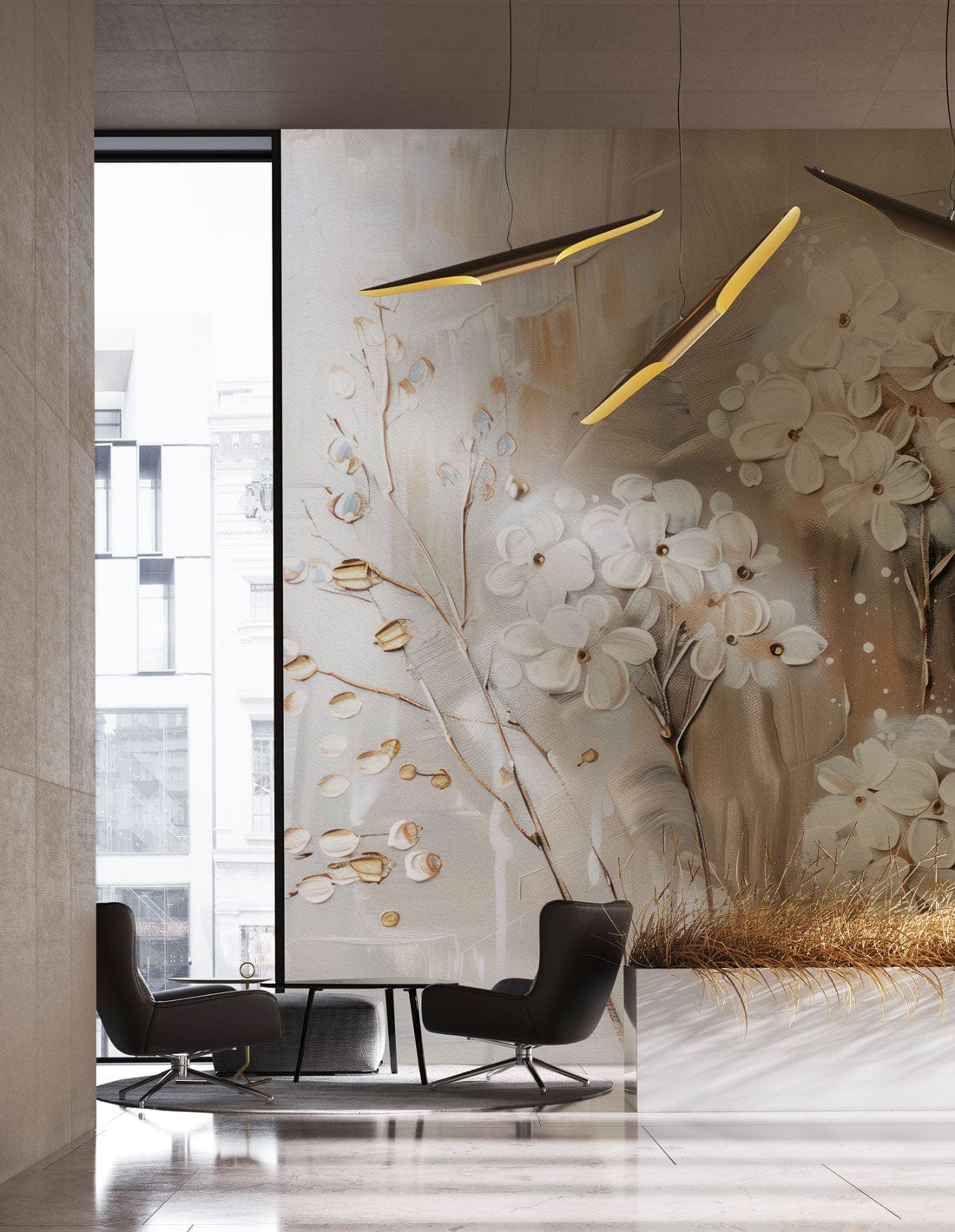 Elegant Floral Wonder mural wallpaper, modern chairs, sleek lighting, taupe wall, contemporary room setting.