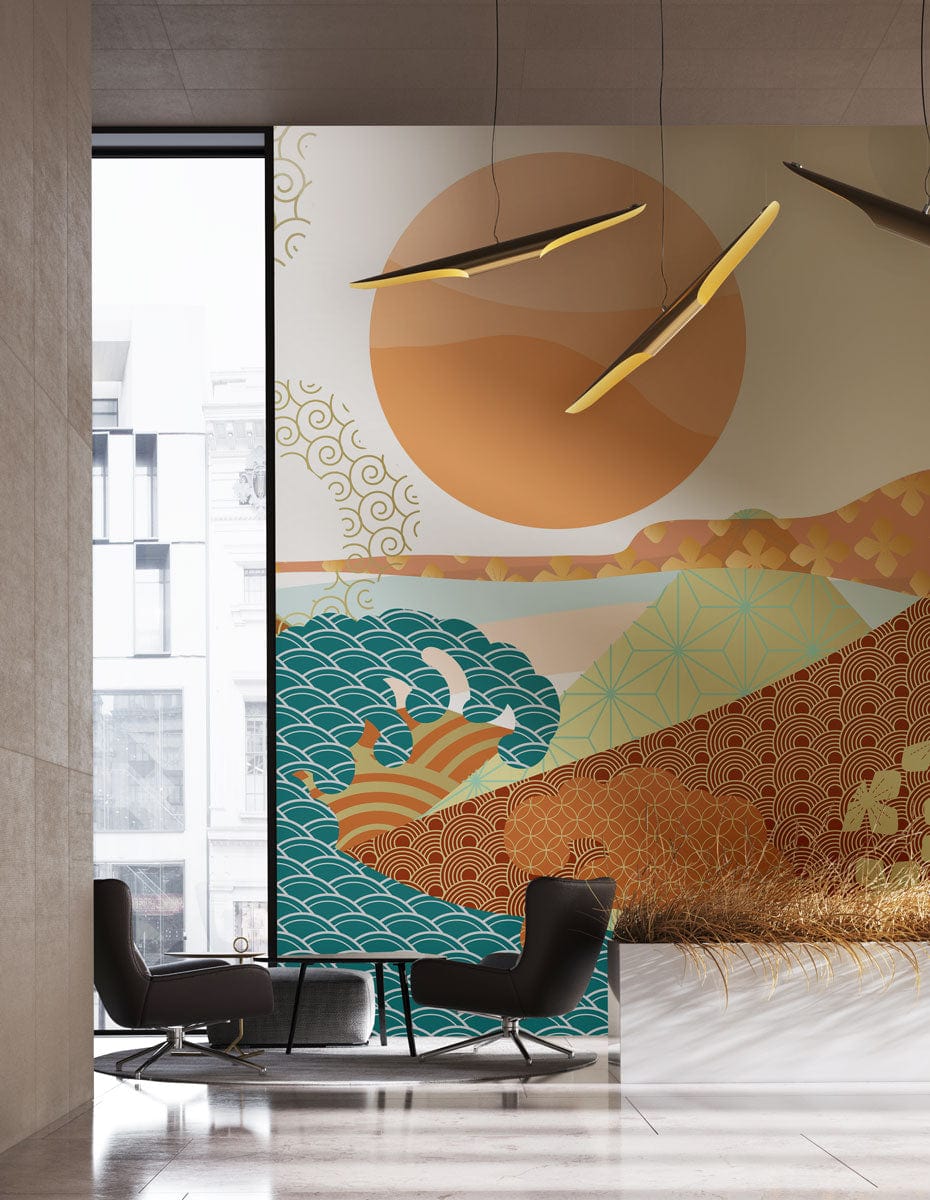 Vintage Japanese style wallpaper in earthy tones, geometric patterns, modern chairs, concrete flooring, lounge.