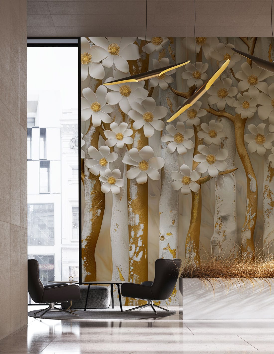 Luxurious 3D floral mural wallpaper, modern grey chairs, marble flooring, contemporary living room design.