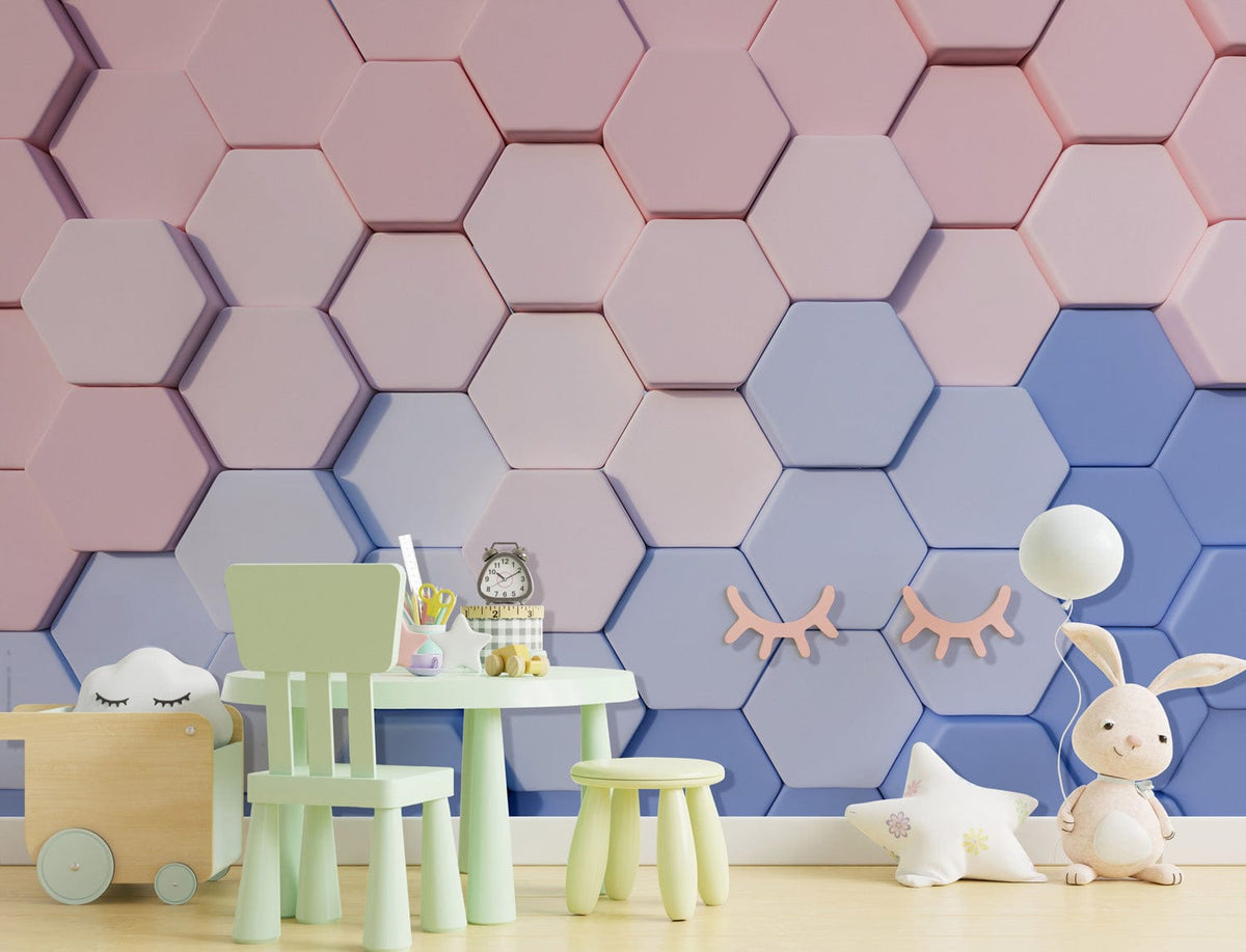 Pastel geometric hexagon wallpaper in children's room, mint chairs, toys, soft wood flooring complement design.