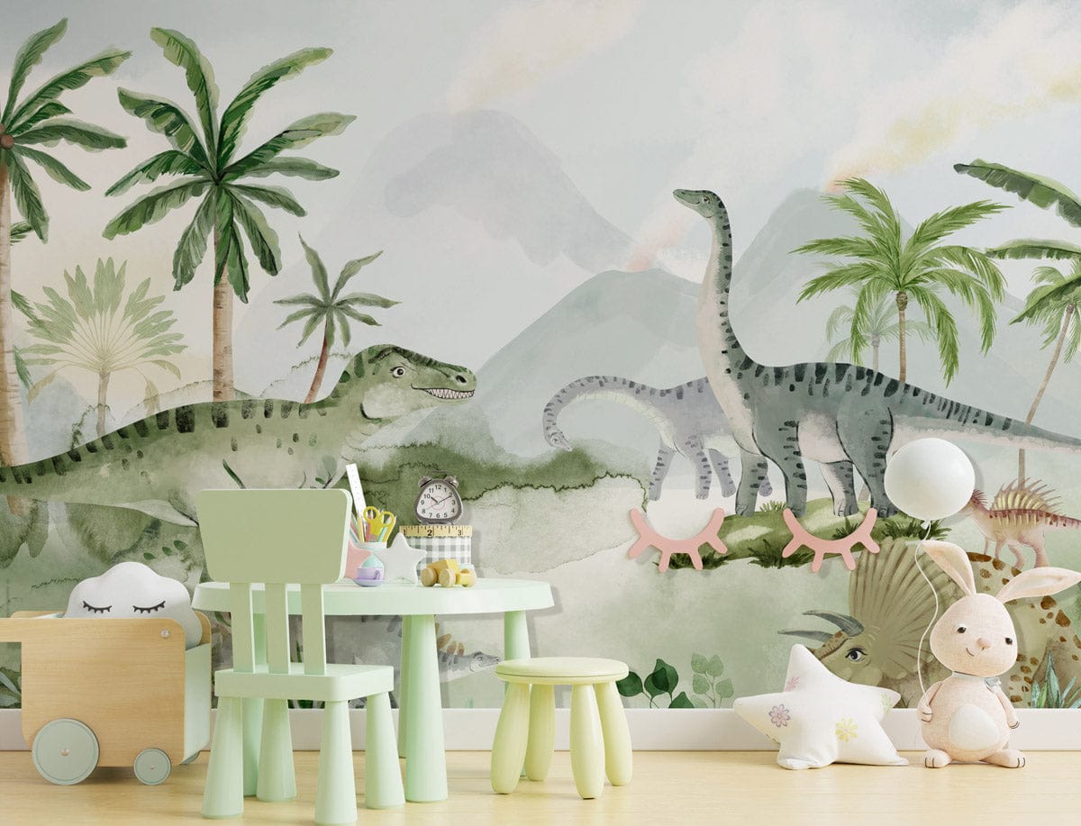 Kids' room with dinosaur mural, pastel play furniture, wooden flooring, and plush soft toys.