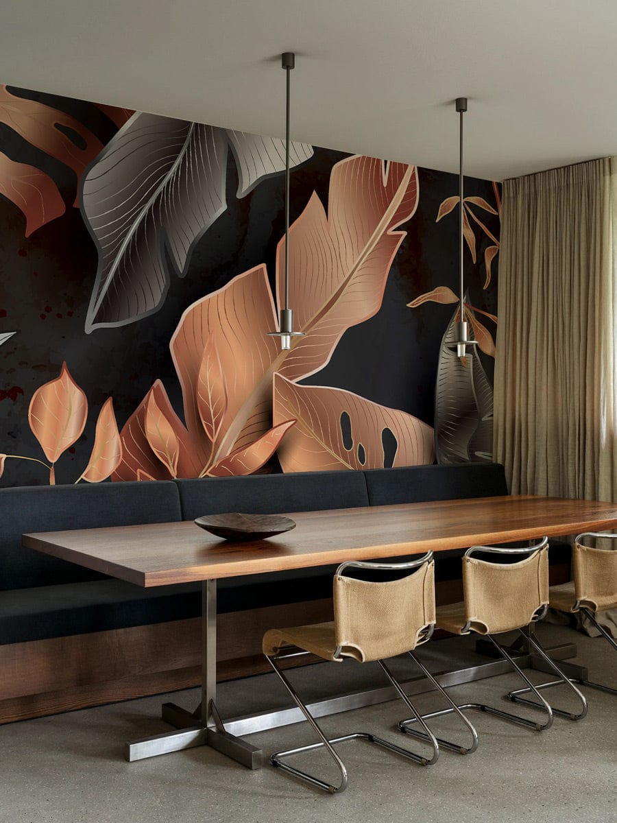Luxury botanical wallpaper with copper leaves in dining room; modern wood table, beige chairs, curtains.