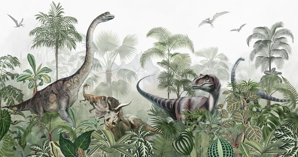 Jurassic Jungle Dinosaur Mural Wallpaper in Green Tones for Kids' Rooms