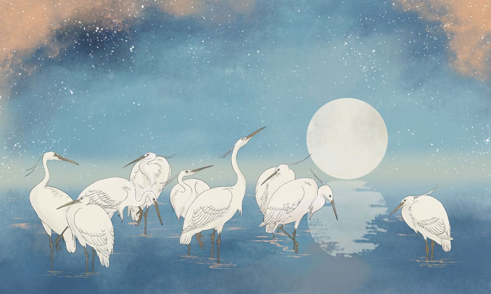 Celestial Heron Sky Mural Wallpaper - Blue and White Tranquil Night Scene