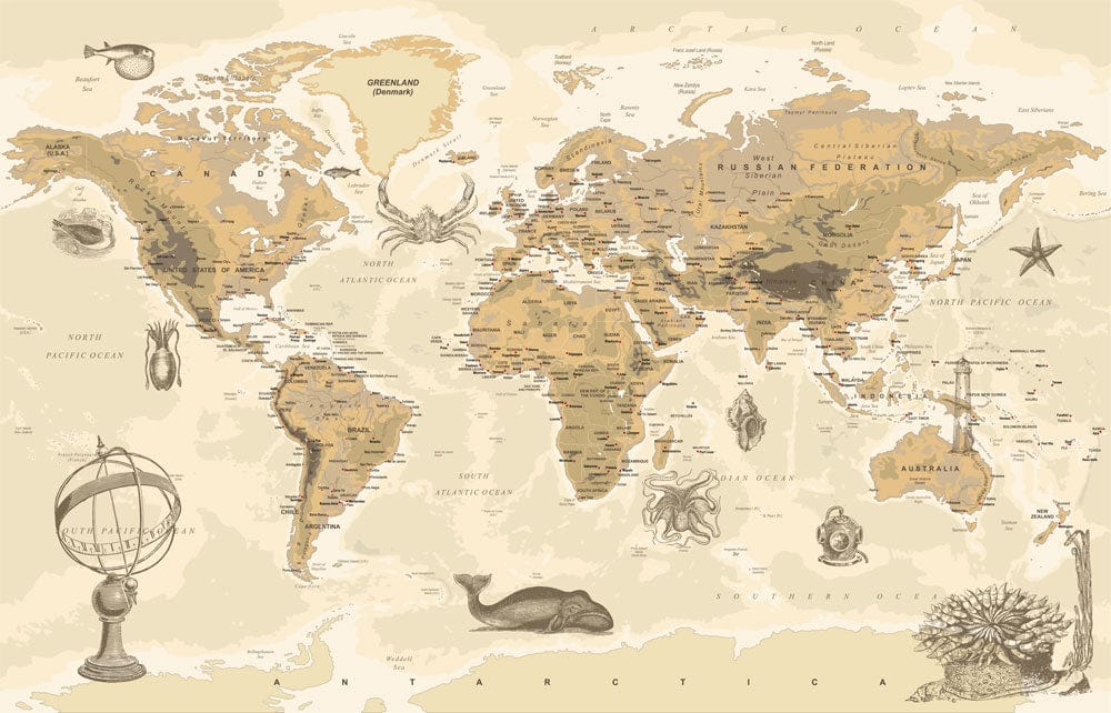 Vintage Sepia World Map Mural Wallpaper with Nautical Illustrations for Study