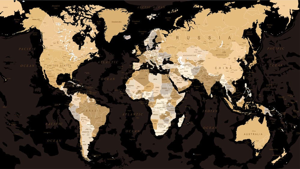 Vintage World Map Mural Wallpaper in Black and Beige for Sophisticated Interiors