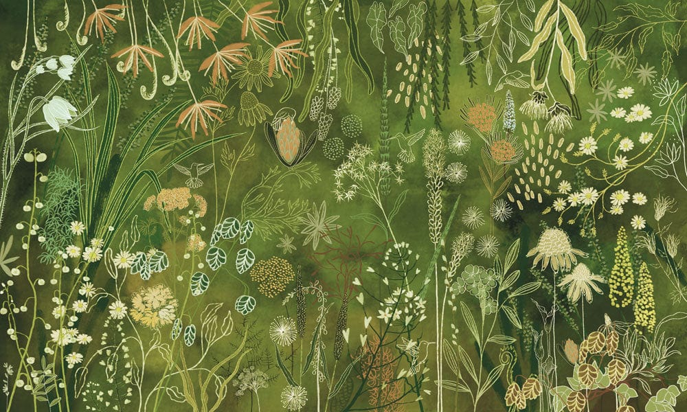 Luxurious Green Botanical Garden Patterned Mural Wallpaper for Elegant Interiors