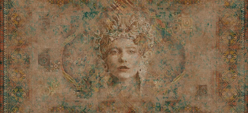 Mystical Vintage Queen Teal and Sepia Bohemian Mural Wallpaper Artistry