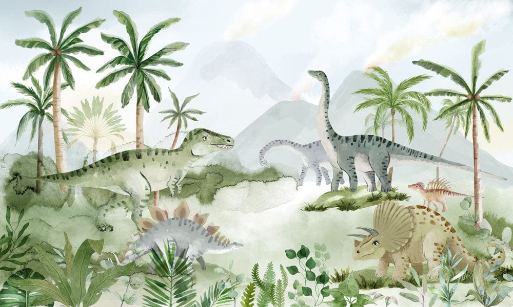 Jungle Dinosaur Adventure Mural Wallpaper in Green Watercolour for Kids' Rooms