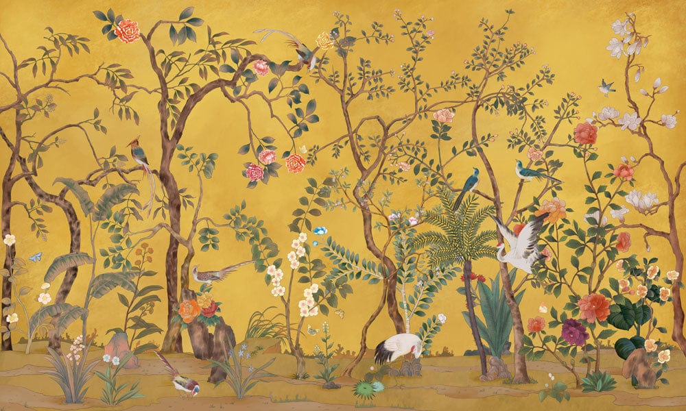 Golden Chinoiserie Garden Mural Wallpaper with Vibrant Birds and Flowers Design