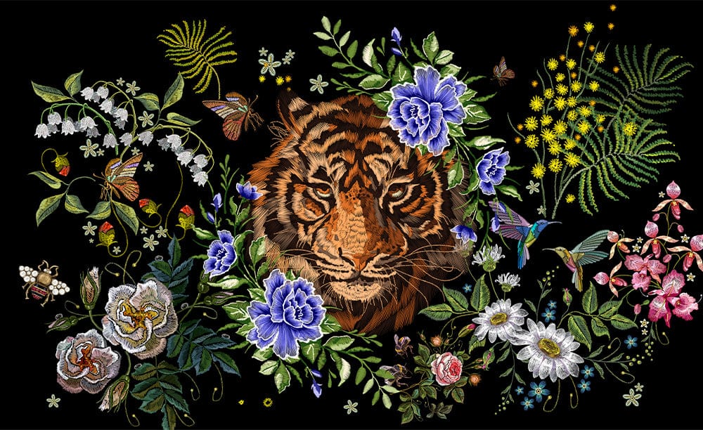 Floral Tiger Jungle Mural Wallpaper with Vibrant Colours and Exotic Patterns