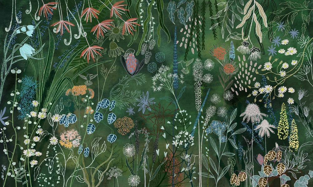 Botanical Garden Fantasy Green Nature Mural Wallpaper with Colourful Floral Design