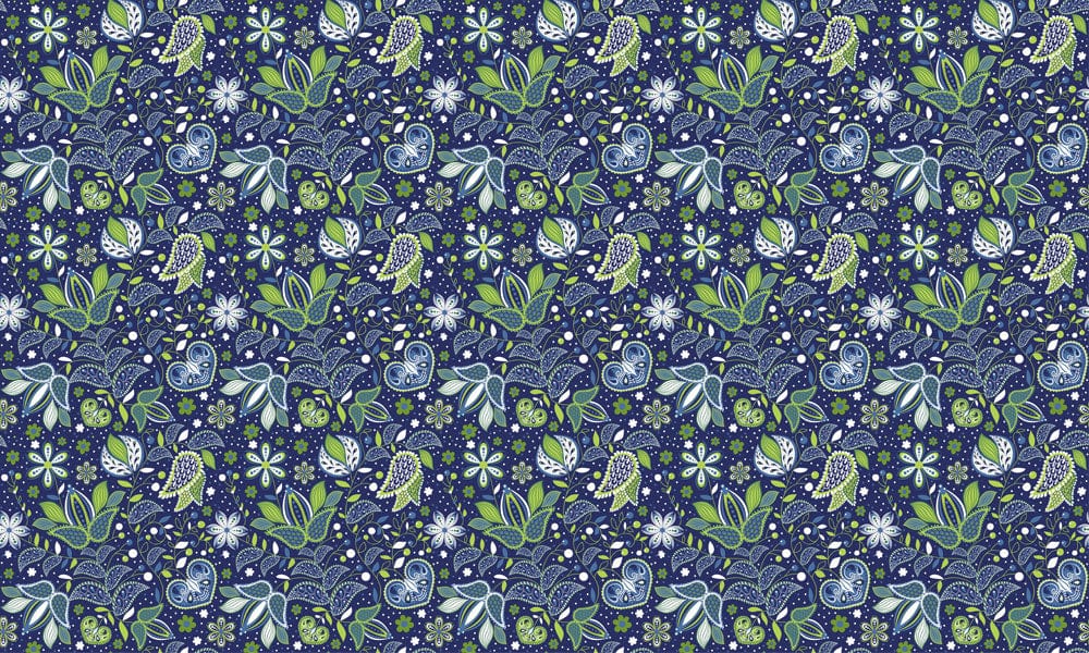 Midnight Blue Floral Fantasy Pattern Wallpaper with Green Leaf Accents