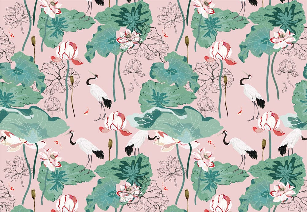 Blush Lotus Crane Garden Wallpaper