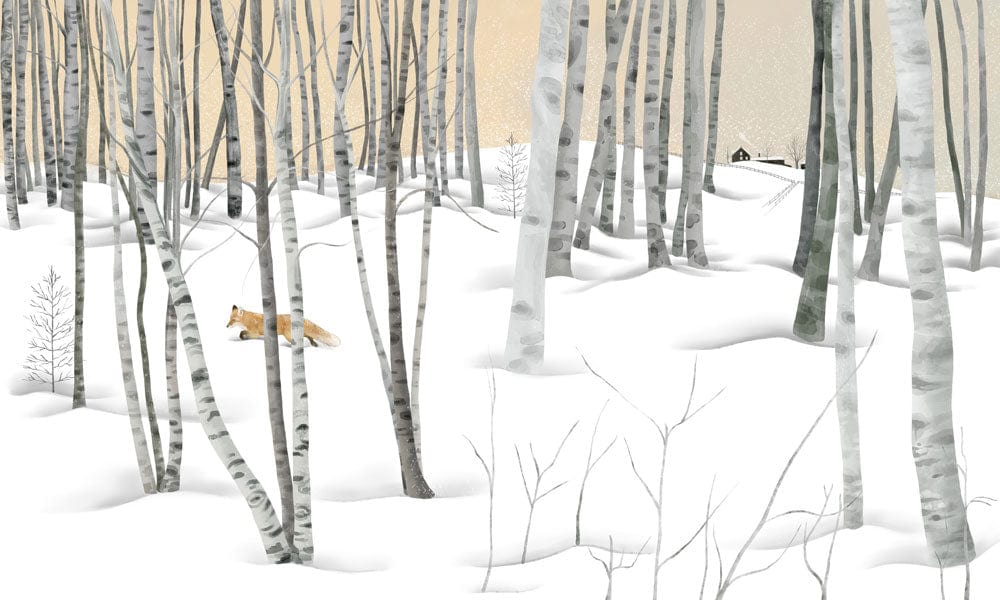 Winter Wonderland Birch Forest Mural Wallpaper with Fox and Snowy Scene