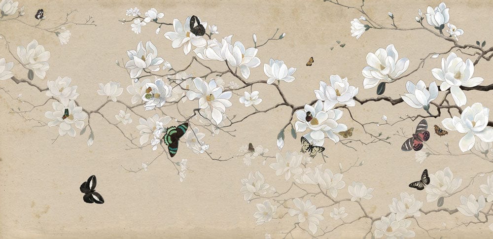 Elegant Beige Magnolia and Butterfly Floral Mural Wallpaper for Tranquil Spaces