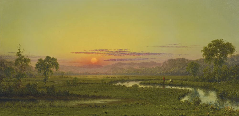 Sunset Serenity Landscape Mural Wallpaper in Calming Green and Amber Hues