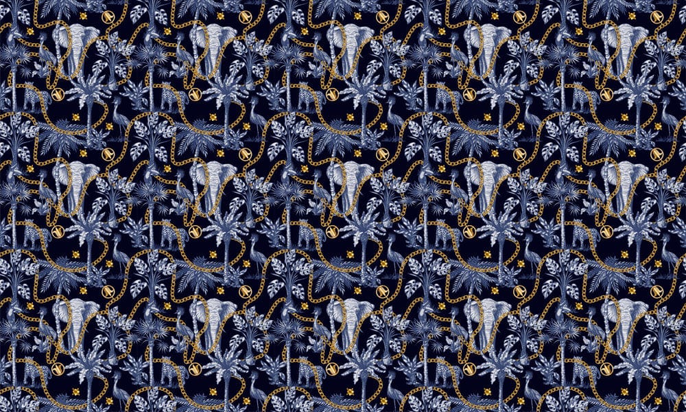 Elegant Blue Elephant Jungle Wallpaper with Golden Accents - Exotic Décor