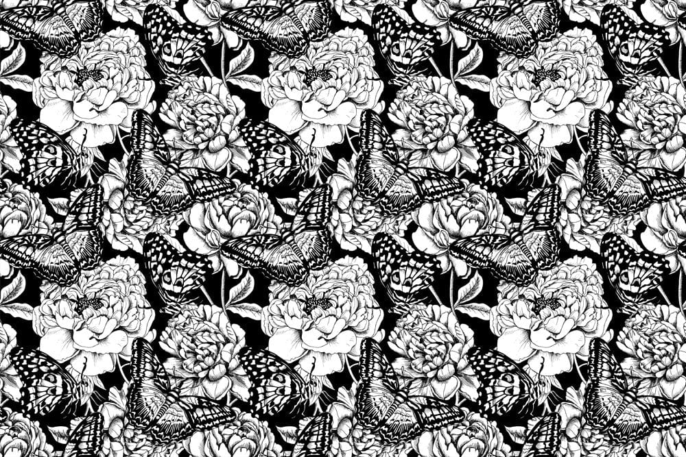 Monochrome Botanical Butterfly Garden Pattern Wallpaper for Elegant Interiors