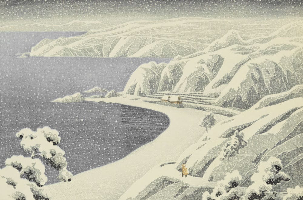 Serene Winter Coastline Japanese Mural Wallpaper in Grey and White Elegance